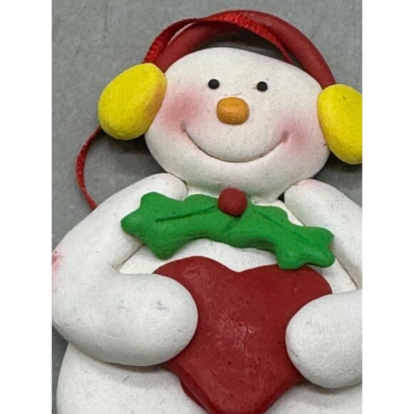 Handmade Christmas Clay Snowman Holding Red Heart Ornament 3" Tall READ - Picture 3 of 5